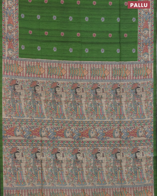 Semi tussar saree green and beige with butta prints and madhubani printed pallu