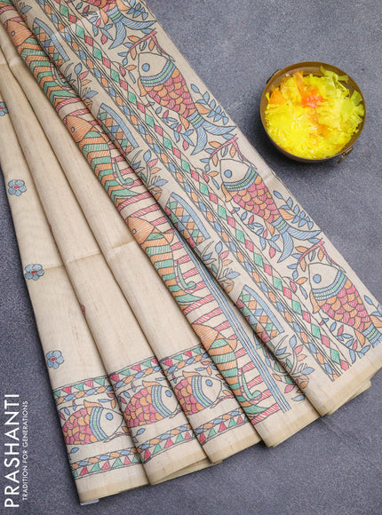 Semi tussar saree beige with butta prints and madhubani printed pallu