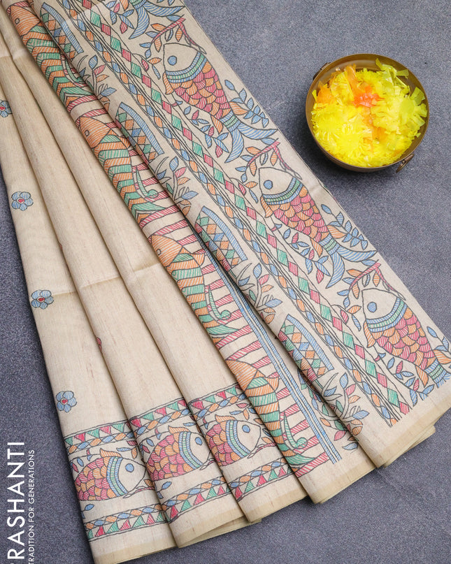 Semi tussar saree beige with butta prints and madhubani printed pallu