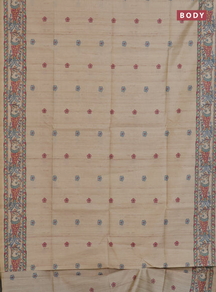 Semi tussar saree beige with butta prints and madhubani printed pallu