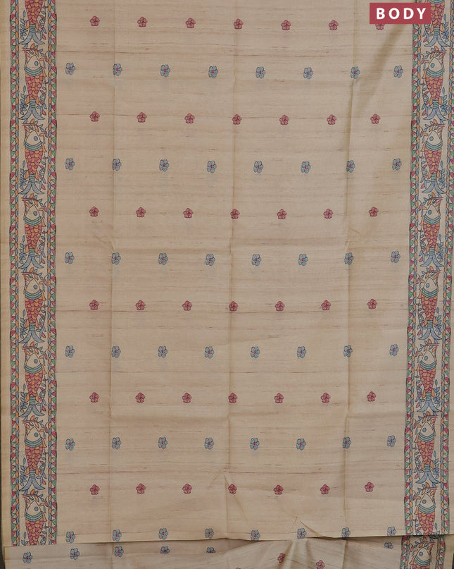 Semi tussar saree beige with butta prints and madhubani printed pallu
