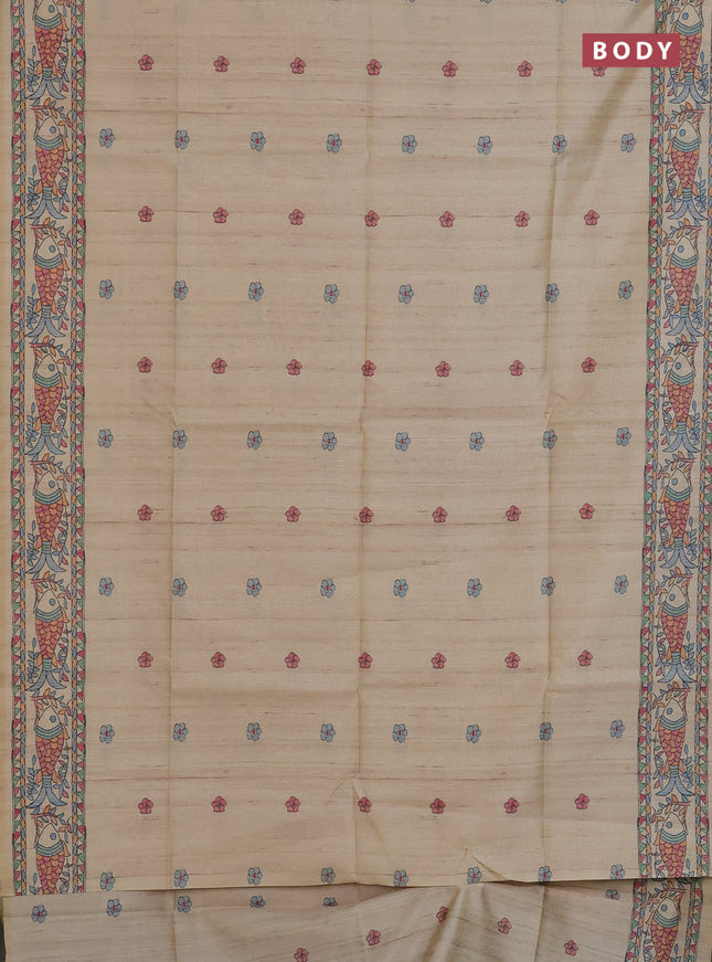 Semi tussar saree beige with butta prints and madhubani printed pallu