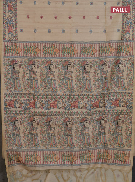 Semi tussar saree beige with butta prints and madhubani printed pallu