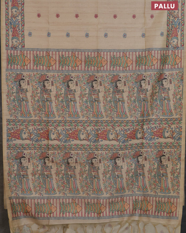 Semi tussar saree beige with butta prints and madhubani printed pallu
