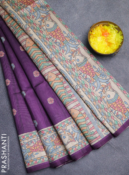 Semi tussar saree purple and beige with butta prints and madhubani printed pallu