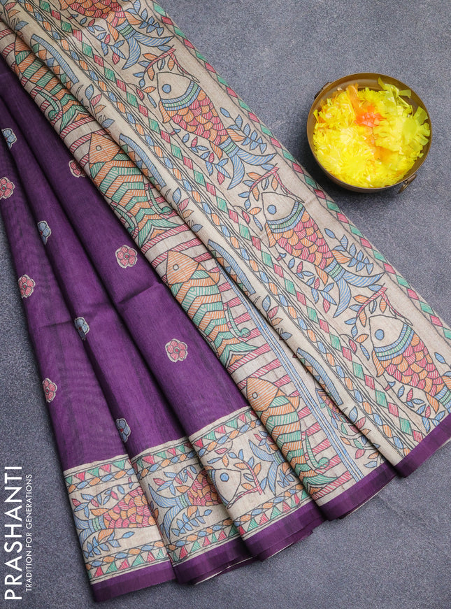 Semi tussar saree purple and beige with butta prints and madhubani printed pallu