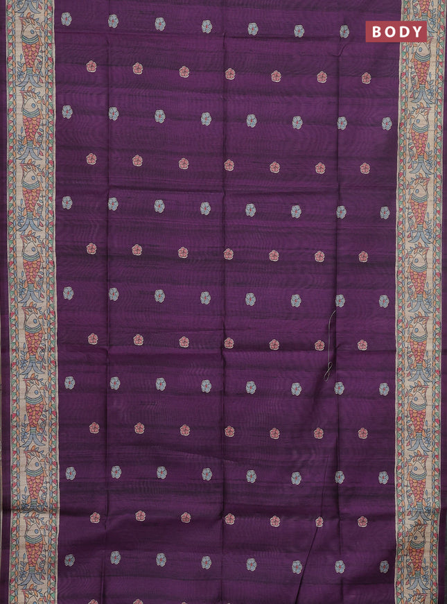 Semi tussar saree purple and beige with butta prints and madhubani printed pallu