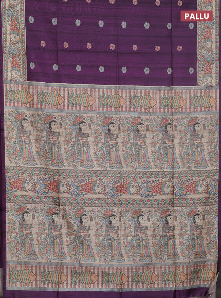 Semi tussar saree purple and beige with butta prints and madhubani printed pallu