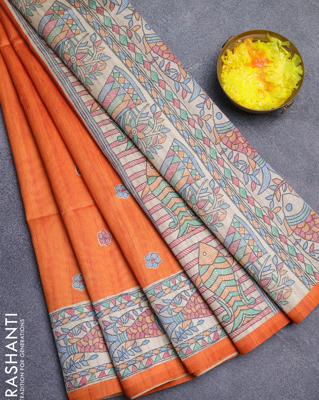 Semi tussar saree orange and beige with butta prints and madhubani printed pallu