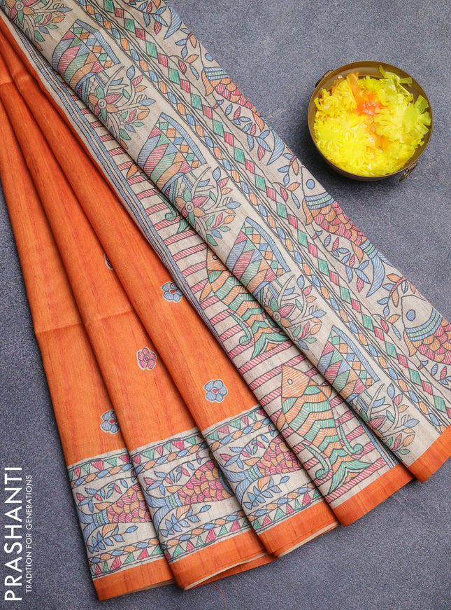 Semi tussar saree orange and beige with butta prints and madhubani printed pallu