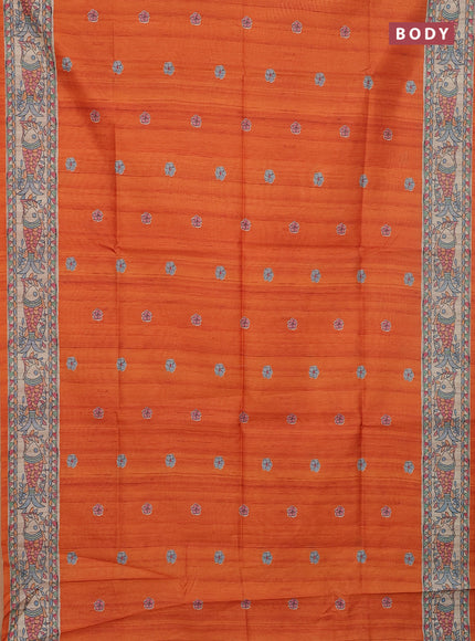 Semi tussar saree orange and beige with butta prints and madhubani printed pallu