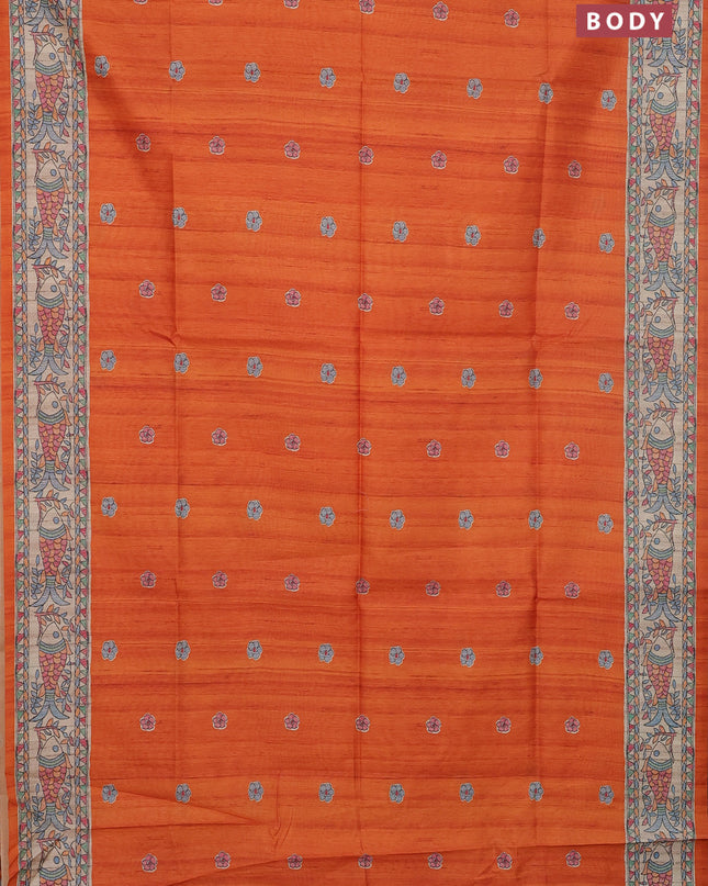 Semi tussar saree orange and beige with butta prints and madhubani printed pallu