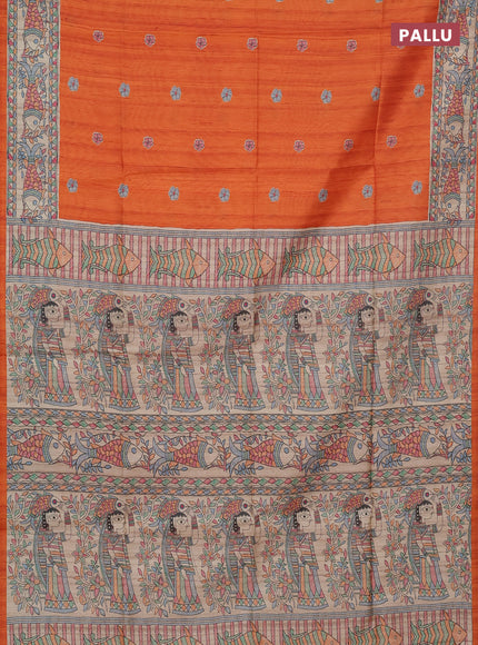 Semi tussar saree orange and beige with butta prints and madhubani printed pallu