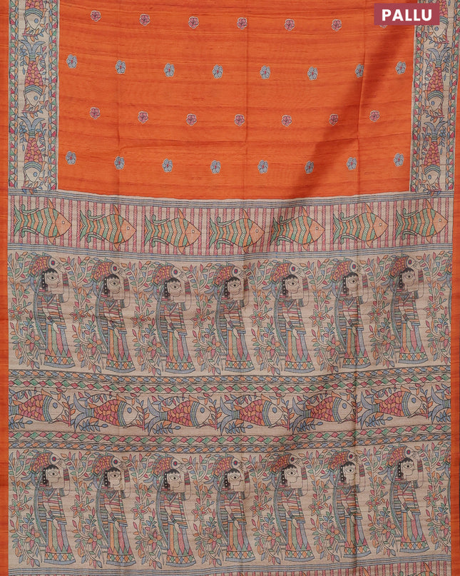 Semi tussar saree orange and beige with butta prints and madhubani printed pallu