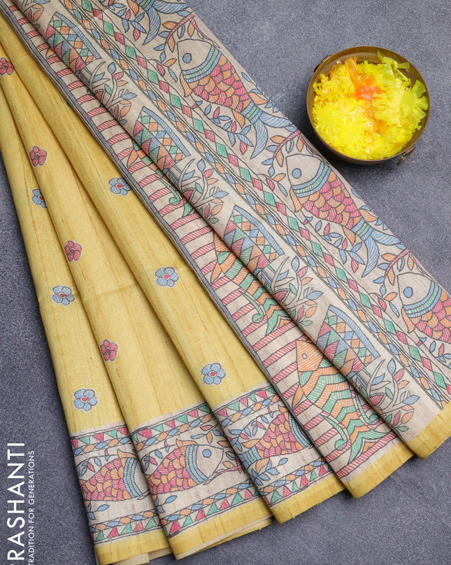 Semi tussar saree pale yellow and beige with butta prints and madhubani printed pallu