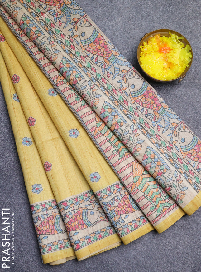 Semi tussar saree pale yellow and beige with butta prints and madhubani printed pallu