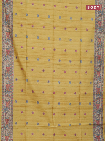 Semi tussar saree pale yellow and beige with butta prints and madhubani printed pallu