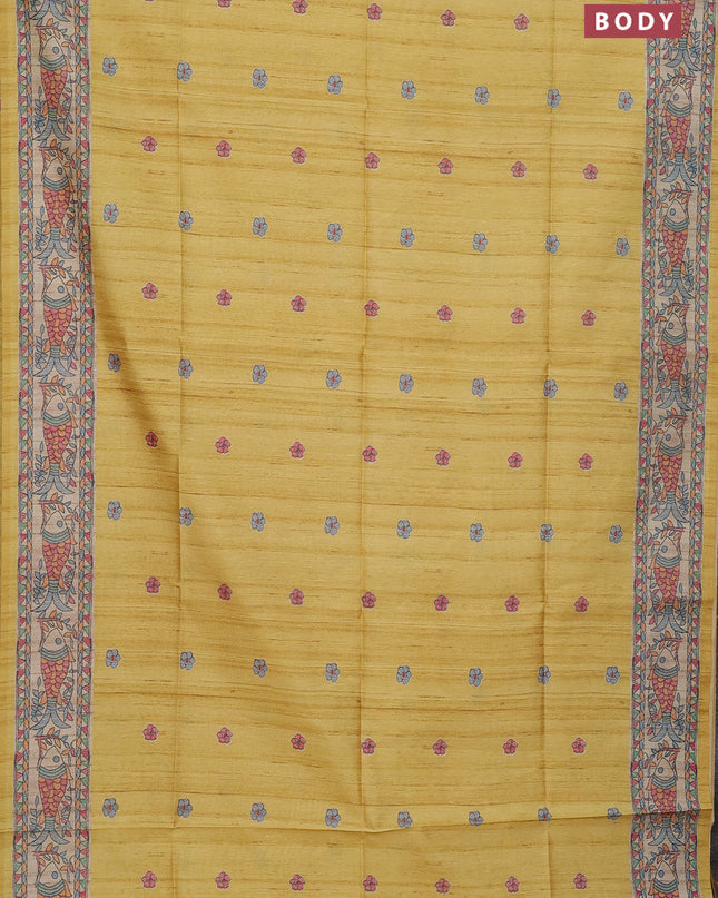 Semi tussar saree pale yellow and beige with butta prints and madhubani printed pallu