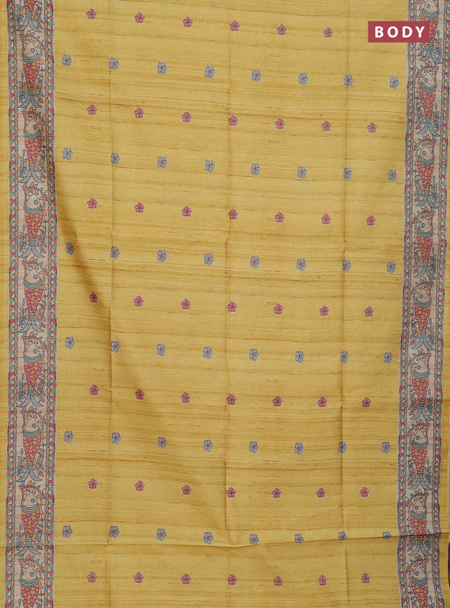 Semi tussar saree pale yellow and beige with butta prints and madhubani printed pallu