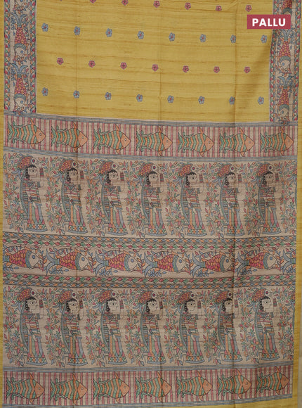 Semi tussar saree pale yellow and beige with butta prints and madhubani printed pallu