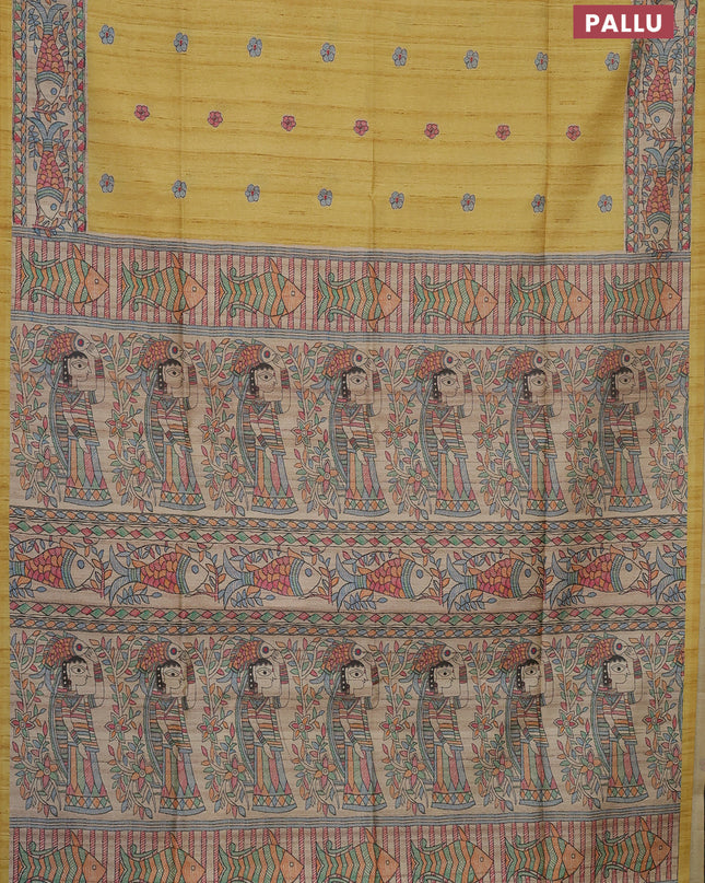 Semi tussar saree pale yellow and beige with butta prints and madhubani printed pallu