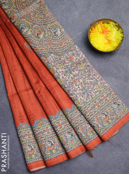 Semi tussar saree orange and beige with tie & dye prints and madhubani printed pallu