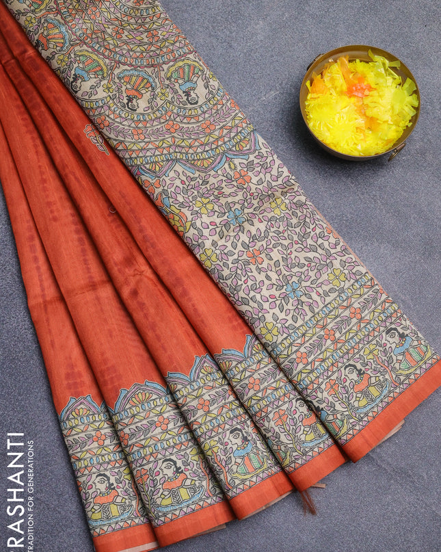 Semi tussar saree orange and beige with tie & dye prints and madhubani printed pallu