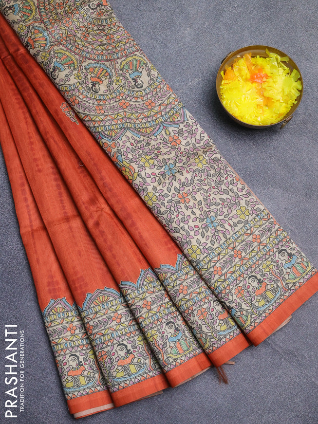 Semi tussar saree orange and beige with tie & dye prints and madhubani printed pallu