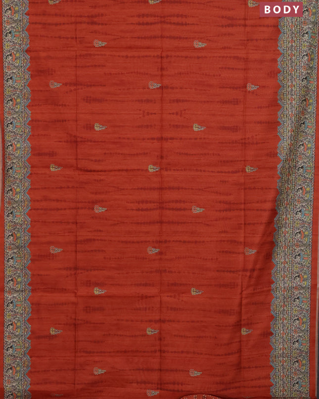 Semi tussar saree orange and beige with tie & dye prints and madhubani printed pallu
