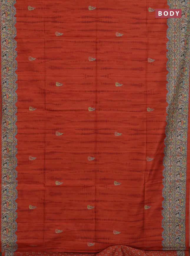 Semi tussar saree orange and beige with tie & dye prints and madhubani printed pallu