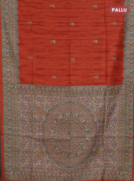 Semi tussar saree orange and beige with tie & dye prints and madhubani printed pallu