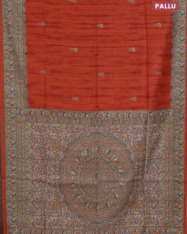 Semi tussar saree orange and beige with tie & dye prints and madhubani printed pallu