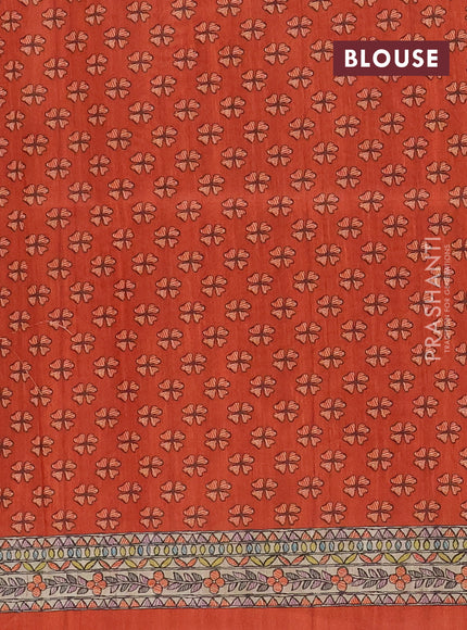 Semi tussar saree orange and beige with tie & dye prints and madhubani printed pallu