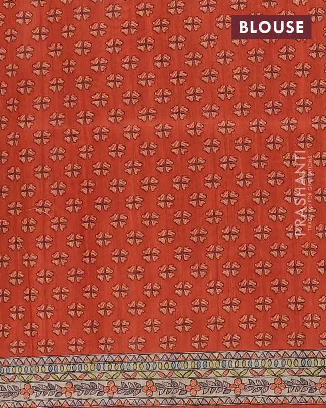 Semi tussar saree orange and beige with tie & dye prints and madhubani printed pallu