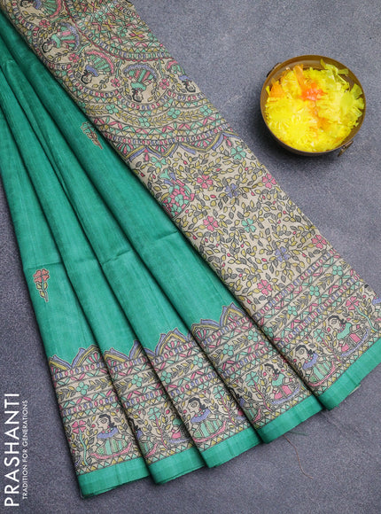 Semi tussar saree teal green and beige with tie & dye prints and madhubani printed pallu