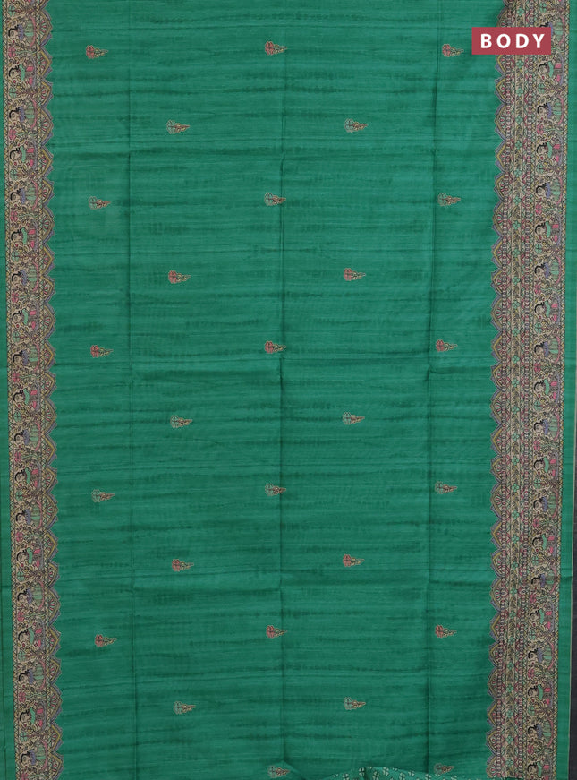 Semi tussar saree teal green and beige with tie & dye prints and madhubani printed pallu