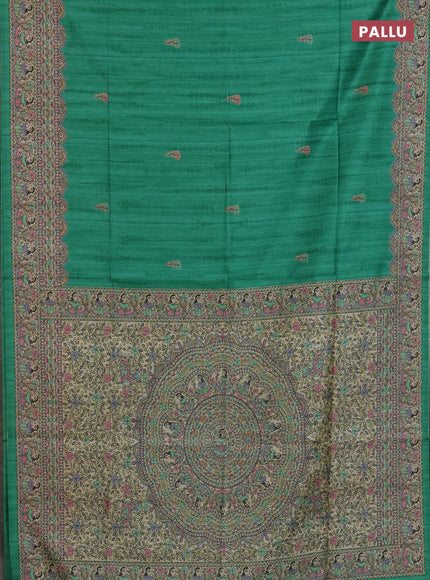 Semi tussar saree teal green and beige with tie & dye prints and madhubani printed pallu