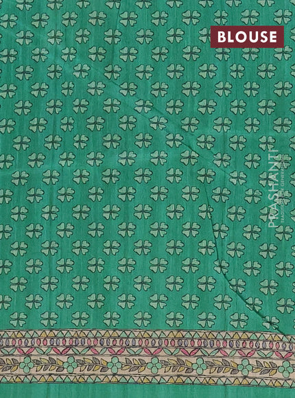 Semi tussar saree teal green and beige with tie & dye prints and madhubani printed pallu