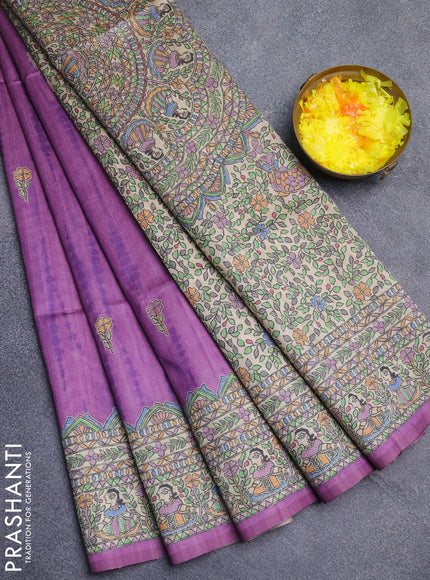 Semi tussar saree lavender and beige with tie & dye prints and madhubani printed pallu