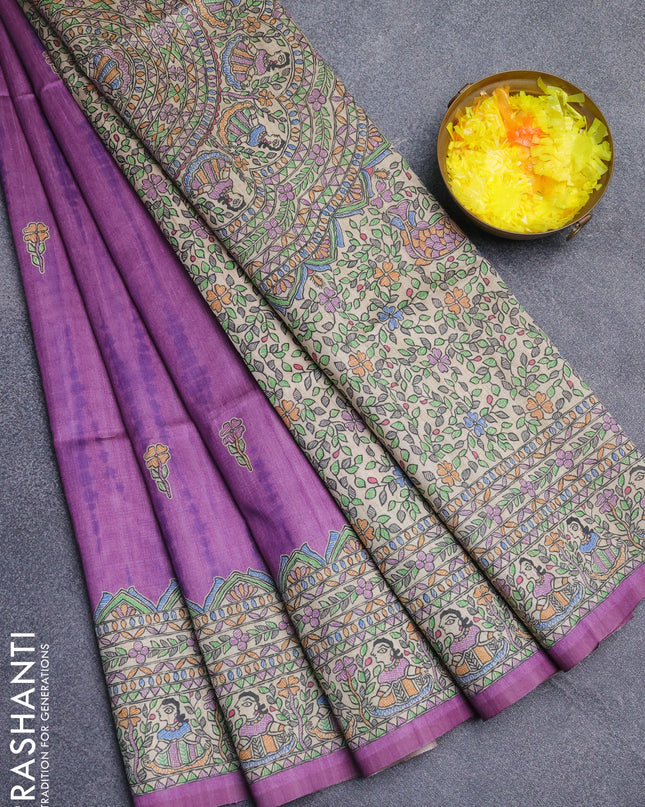 Semi tussar saree lavender and beige with tie & dye prints and madhubani printed pallu