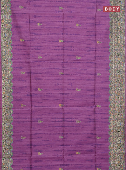 Semi tussar saree lavender and beige with tie & dye prints and madhubani printed pallu