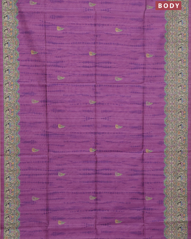 Semi tussar saree lavender and beige with tie & dye prints and madhubani printed pallu