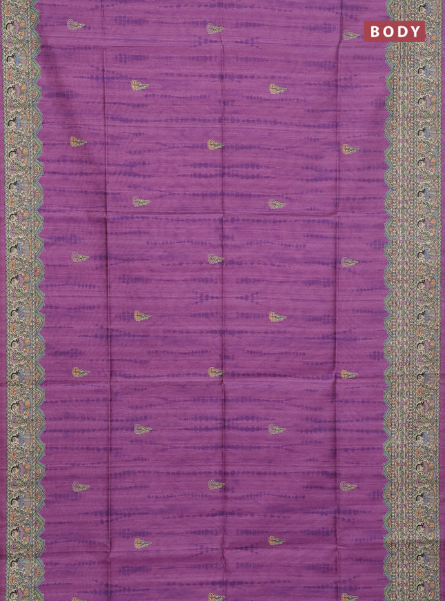 Semi tussar saree lavender and beige with tie & dye prints and madhubani printed pallu