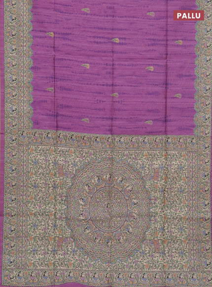 Semi tussar saree lavender and beige with tie & dye prints and madhubani printed pallu