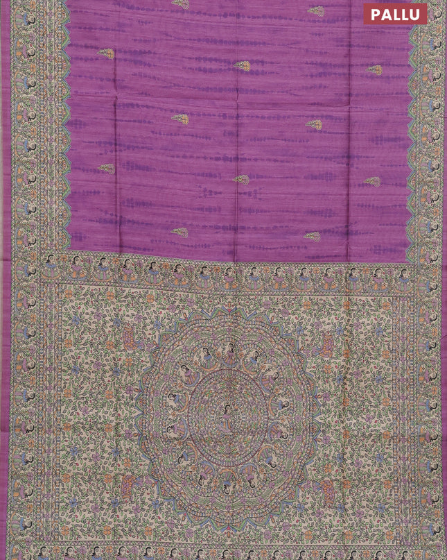 Semi tussar saree lavender and beige with tie & dye prints and madhubani printed pallu
