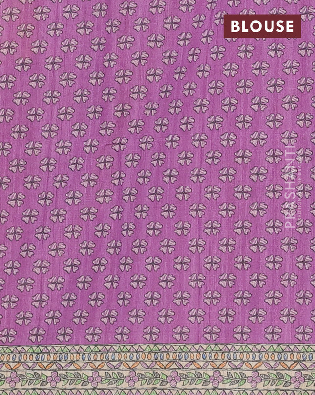 Semi tussar saree lavender and beige with tie & dye prints and madhubani printed pallu