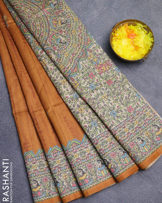 Semi tussar saree mustard yellow and beige with tie & dye prints and madhubani printed pallu