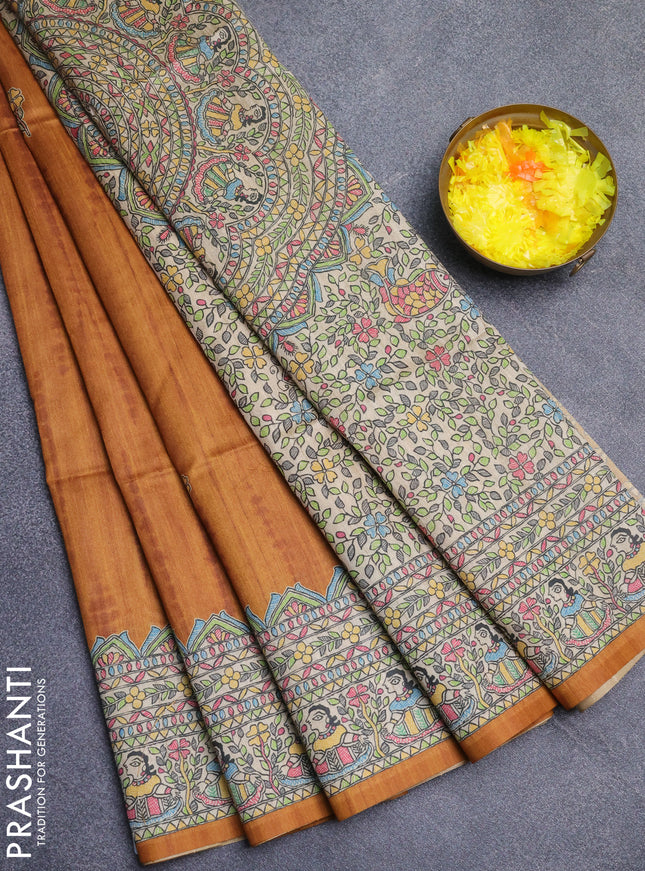 Semi tussar saree mustard yellow and beige with tie & dye prints and madhubani printed pallu