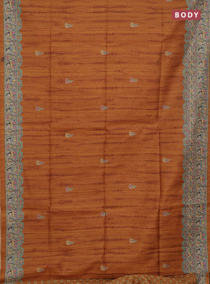 Semi tussar saree mustard yellow and beige with tie & dye prints and madhubani printed pallu