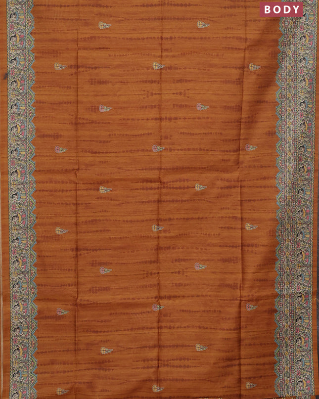 Semi tussar saree mustard yellow and beige with tie & dye prints and madhubani printed pallu